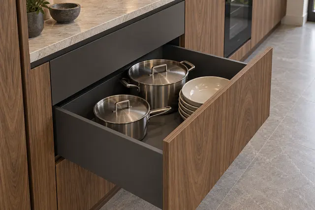 Keep the pots together: close-up concept render of cabinet storage