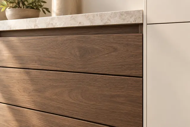 Follow the drawer line: close-up concept render of cabinet storage