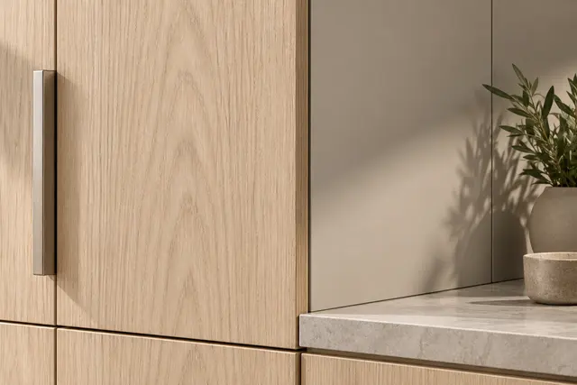 Read the grain at the seam: close-up concept render of cabinet storage