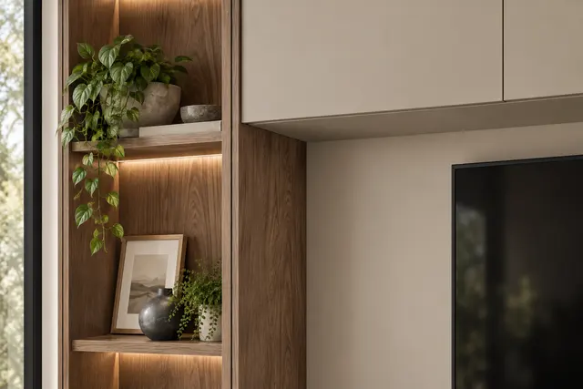 Put light on the shelf: close-up concept render of cabinet storage