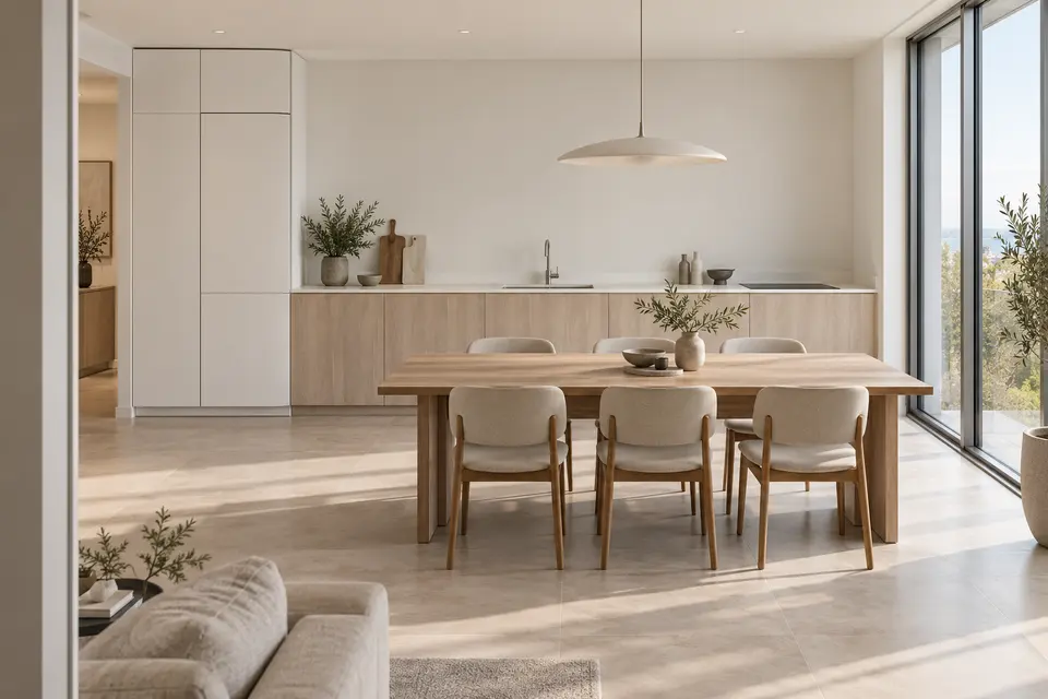European kitchen concept render, Dining wall: slab fronts in pale greige wood-effect (Yosemite) with clean matte white (Alpine White) doors