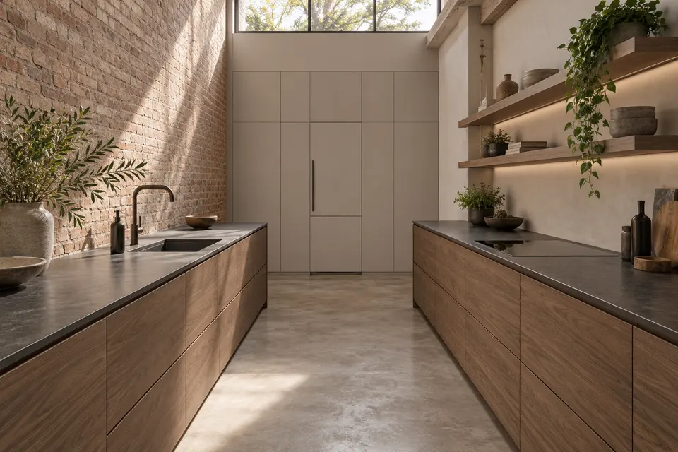 European kitchen concept render, Parallel galley: slab fronts in muted brown walnut-effect (Natural Carini Walnut) with pale cashmere grey (Cashmere Grey) doors