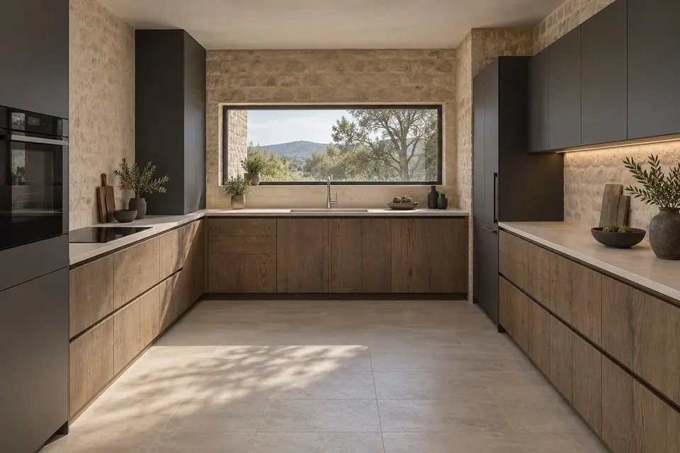 European kitchen concept render, Enclosed U: slab fronts in warm brown fissured oak-effect (Tobacco Halifax Oak) with graphite grey (Graphite Grey) doors