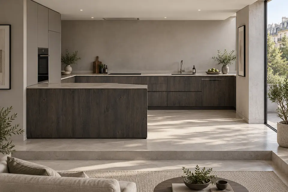 European kitchen concept render, Living-room peninsula: slab fronts in charcoal-brown textured wood-effect (Sherwood) with medium warm stone grey (Stone Grey) doors
