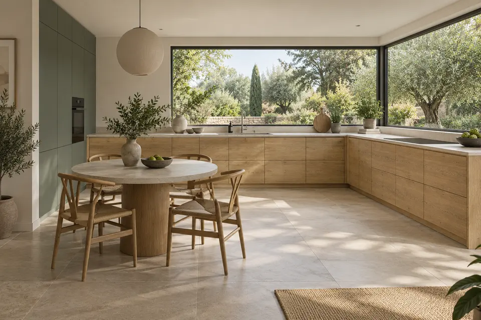 European kitchen concept render, Garden corner: slab fronts in golden oak-effect with knot character (Natural Hamilton Oak) with muted reed green (Reed Green) doors