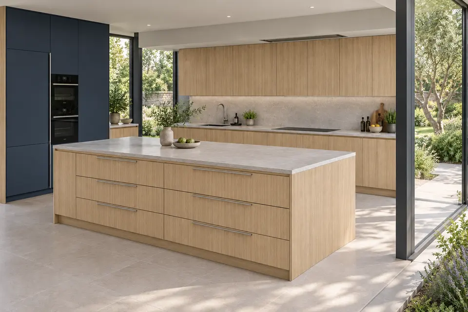 European kitchen concept render, Pavilion kitchen: slab fronts in light linear oak-effect (Vicenza Oak) with nearly black navy (Indigo Blue) doors