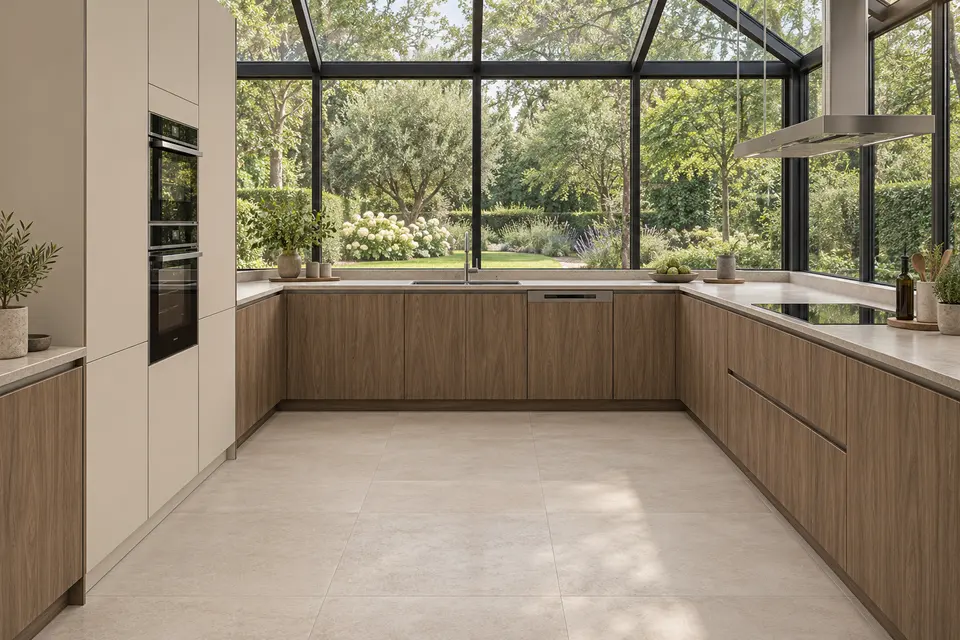 European kitchen concept render, Window room: slab fronts in muted brown walnut-effect (Natural Carini Walnut) with warm ivory (Soft Beige) doors