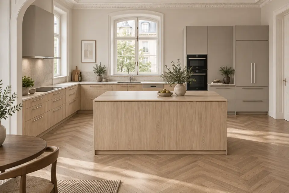 European kitchen concept render, Arch and island: slab fronts in pale sand cathedral-grain oak-effect (Sand Casella Oak) with warm pebble grey (Pebble Grey) doors