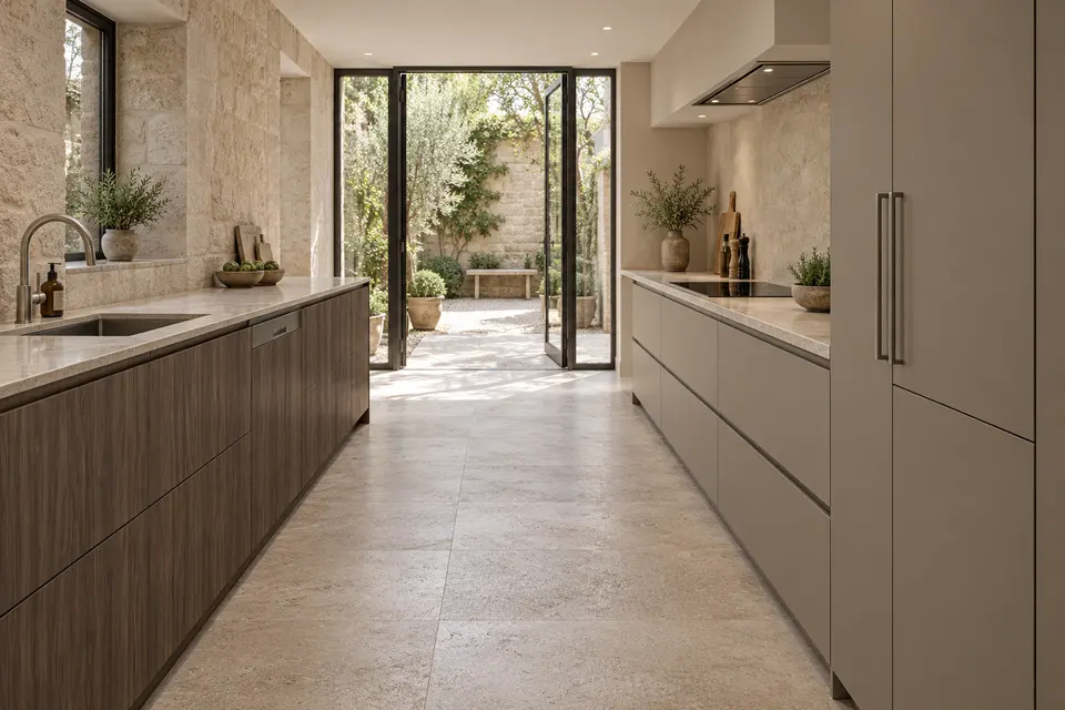 European kitchen concept render, Courtyard passage: slab fronts in dark taupe-brown straight grain (Esperia) with light taupe grey (Taupe Grey) doors
