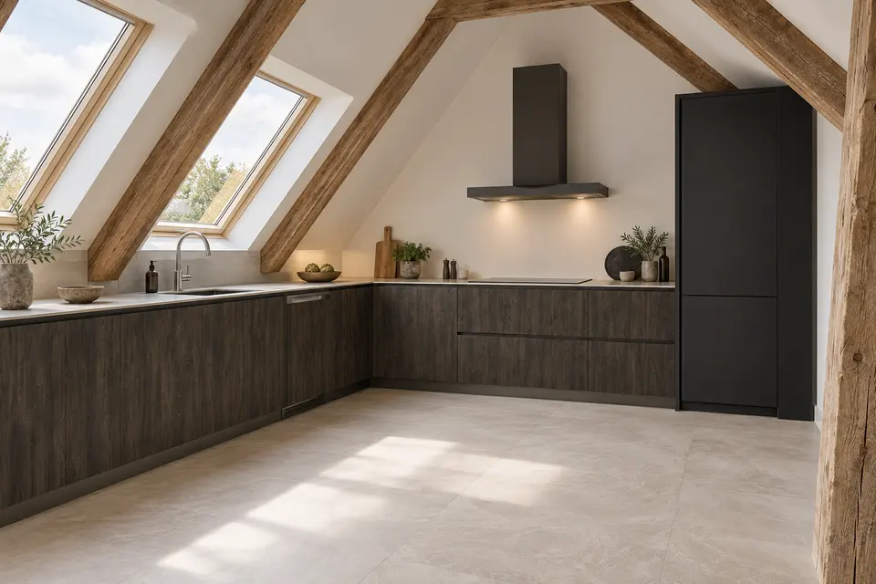 European kitchen concept render, Attic kitchen: slab fronts in charcoal-brown textured wood-effect (Sherwood) with black (Black) doors