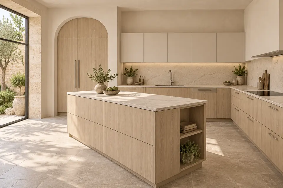 European kitchen concept render, Courtyard island: slab fronts in pale sand cathedral-grain oak-effect (Sand Casella Oak) with warm ivory (Soft Beige) doors