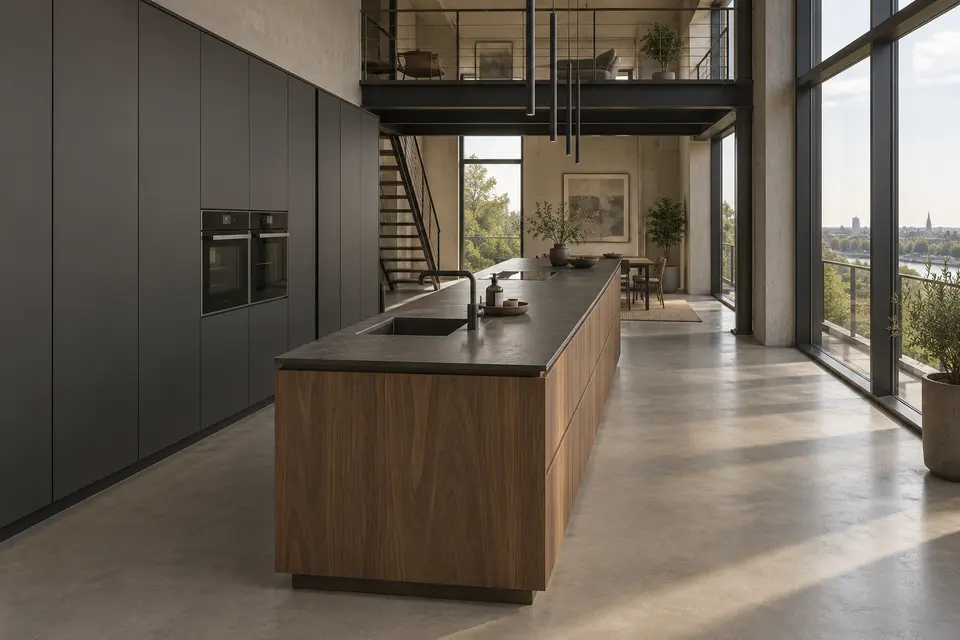 European kitchen concept render, Working spine: slab fronts in muted brown walnut-effect (Natural Carini Walnut) with graphite grey (Graphite Grey) doors