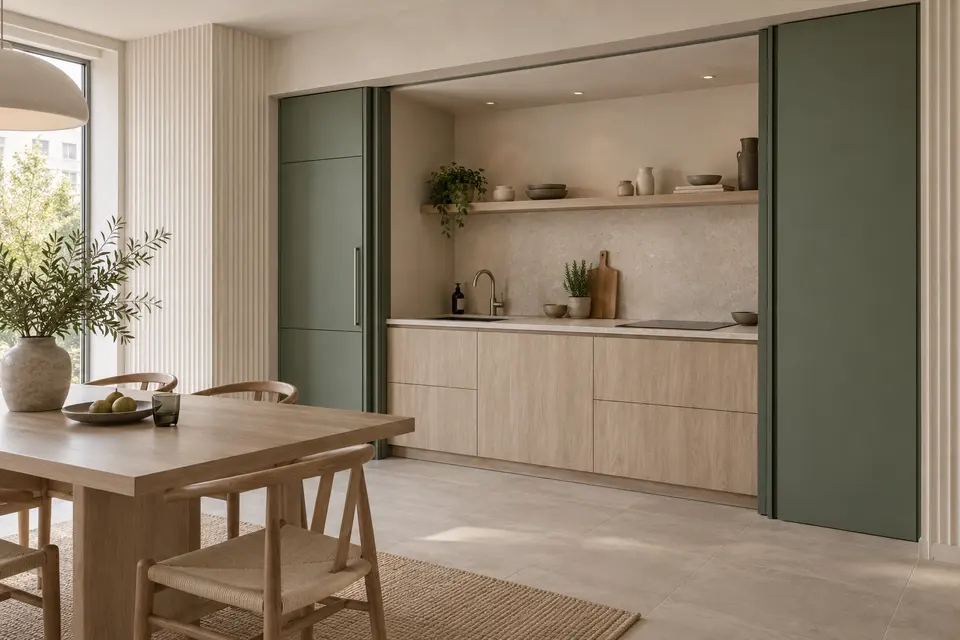 European kitchen concept render, Recessed kitchen: slab fronts in pale greige wood-effect (Yosemite) with muted reed green (Reed Green) doors