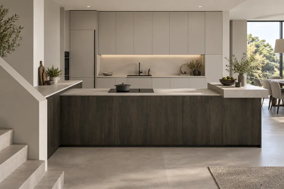 European kitchen concept render, Stepped peninsula: slab fronts in charcoal-brown textured wood-effect (Sherwood) with pale cashmere grey (Cashmere Grey) doors