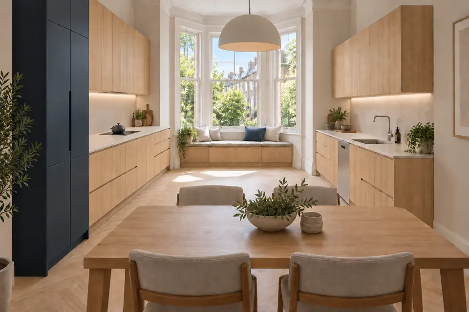 European kitchen concept render, Bay-window dining kitchen: slab fronts in light linear oak-effect (Vicenza Oak) with nearly black navy (Indigo Blue) doors