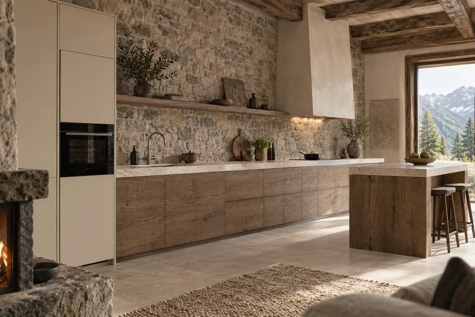 European kitchen concept render, Hearth kitchen: slab fronts in warm brown fissured oak-effect (Tobacco Halifax Oak) with warm ivory (Soft Beige) doors