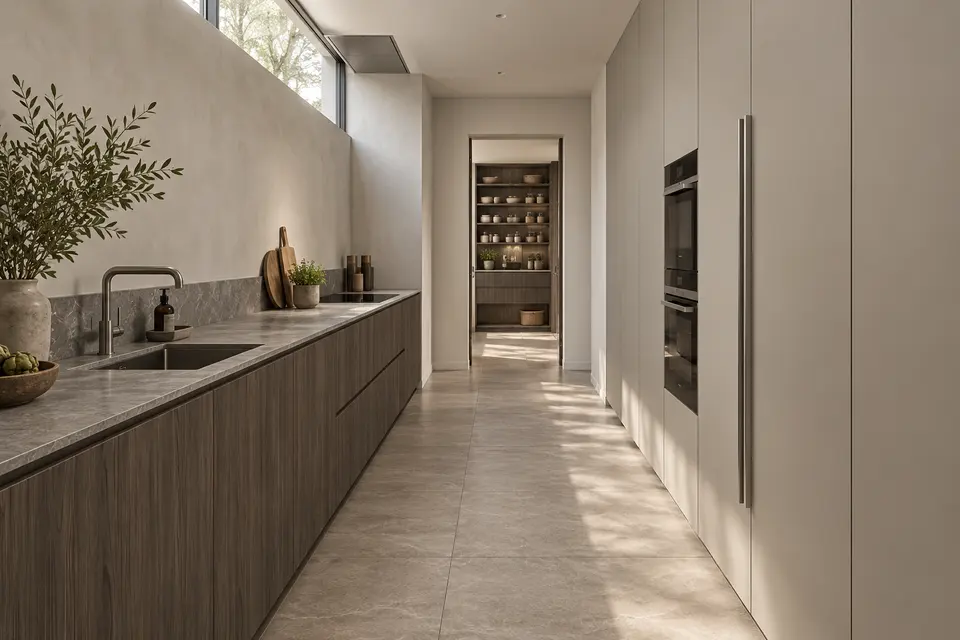 European kitchen concept render, Storage gallery: slab fronts in dark taupe-brown straight grain (Esperia) with warm pebble grey (Pebble Grey) doors