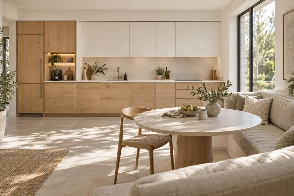 European kitchen concept render, Breakfast nook: slab fronts in golden oak-effect with knot character (Natural Hamilton Oak) with clean matte white (Alpine White) doors