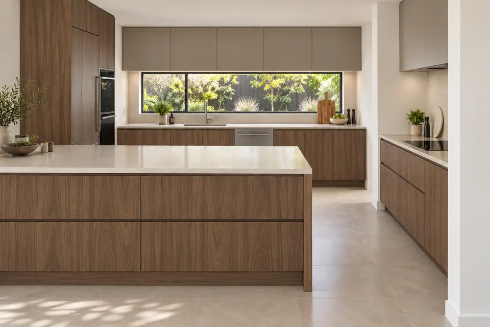 European kitchen concept render, Long return: slab fronts in muted brown walnut-effect (Natural Carini Walnut) with light taupe grey (Taupe Grey) doors