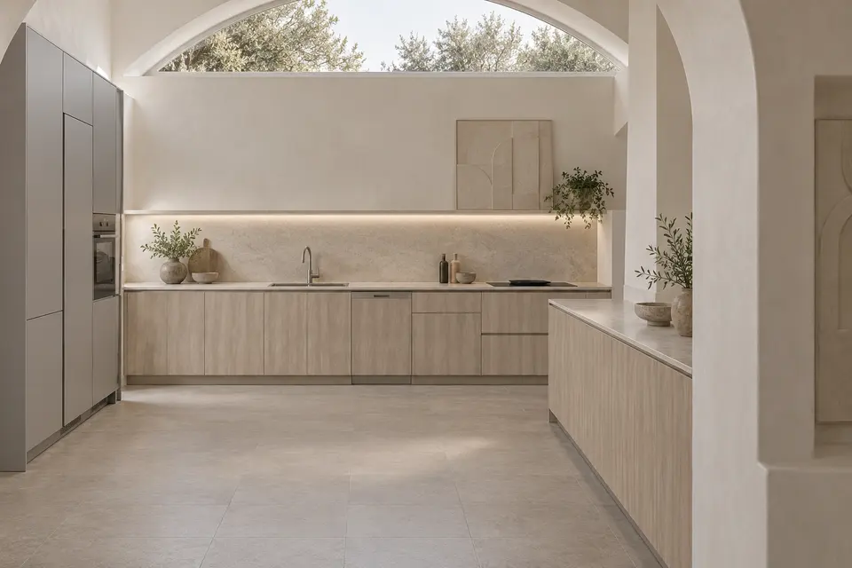 European kitchen concept render, Gallery kitchen: slab fronts in pale greige wood-effect (Yosemite) with medium warm stone grey (Stone Grey) doors