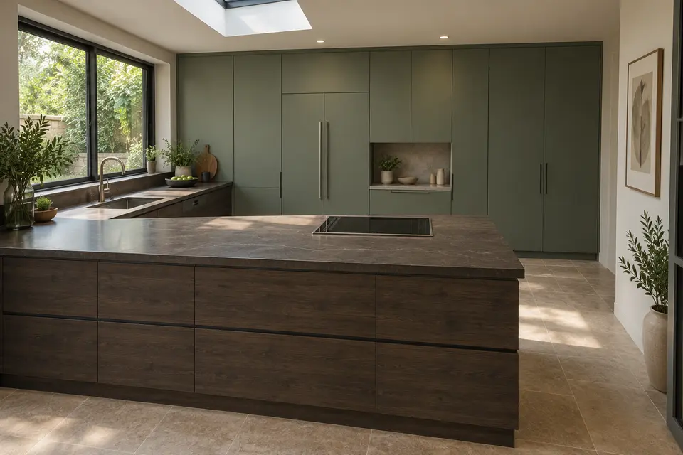 European kitchen concept render, Garden-side peninsula: slab fronts in charcoal-brown textured wood-effect (Sherwood) with muted reed green (Reed Green) doors