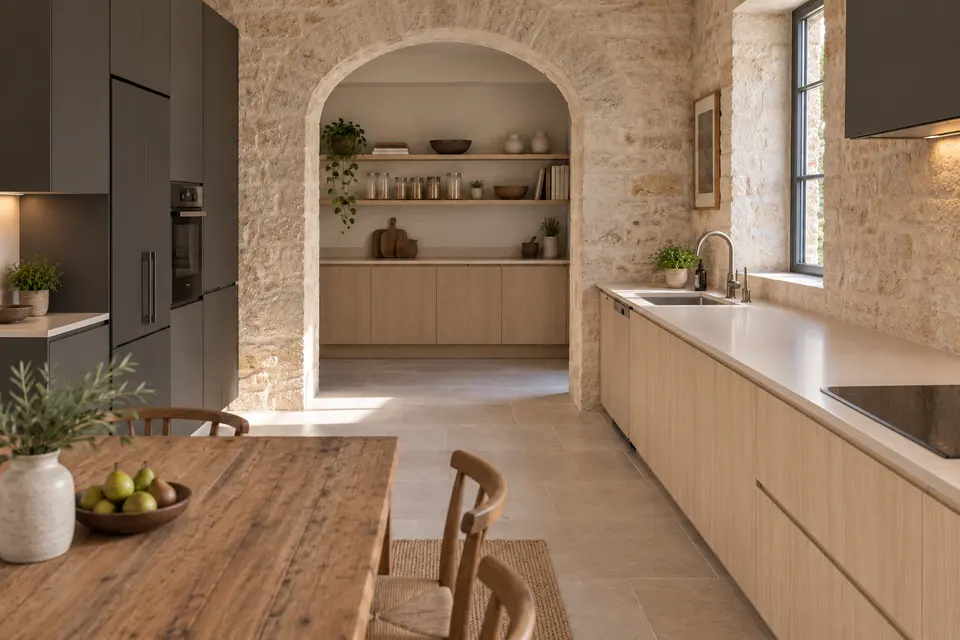 European kitchen concept render, Kitchen through the arch: slab fronts in pale sand cathedral-grain oak-effect (Sand Casella Oak) with graphite grey (Graphite Grey) doors