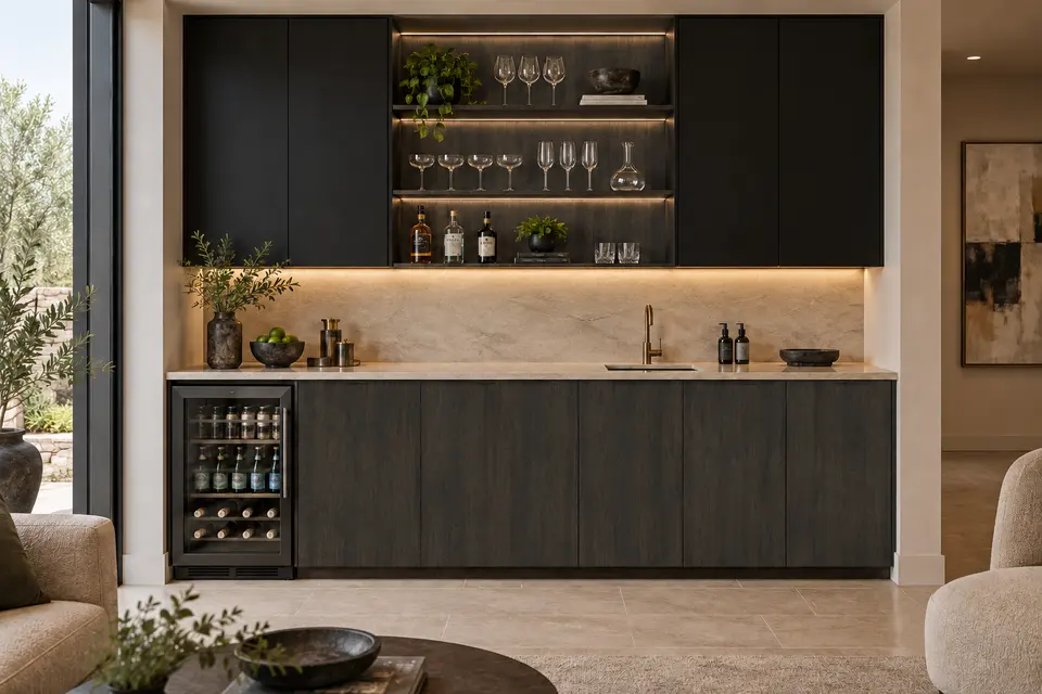 European bar cabinet concept render, Drinks cabinet: slab fronts in charcoal-brown textured wood-effect (Sherwood) with black (Black) doors