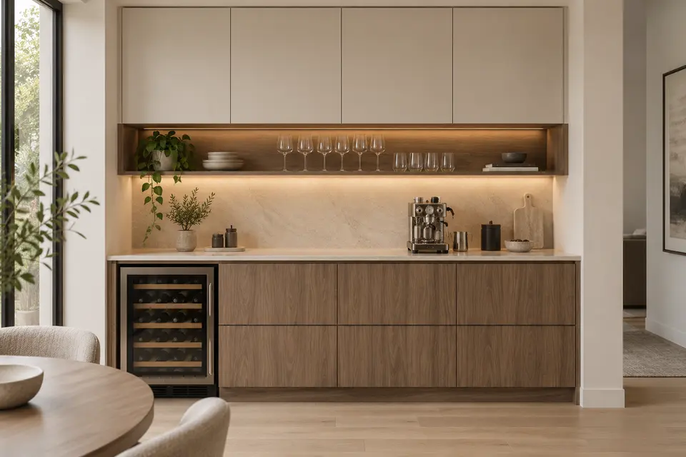 European bar cabinet concept render, Evening counter: slab fronts in muted brown walnut-effect (Natural Carini Walnut) with pale cashmere grey (Cashmere Grey) doors