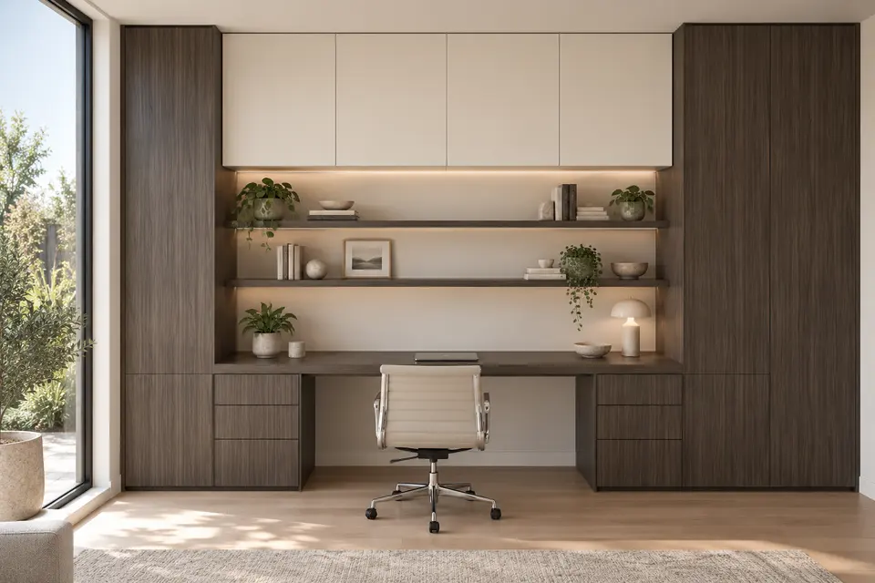 European home office concept render, Built-in study: slab fronts in dark taupe-brown straight grain (Esperia) with warm ivory (Soft Beige) doors