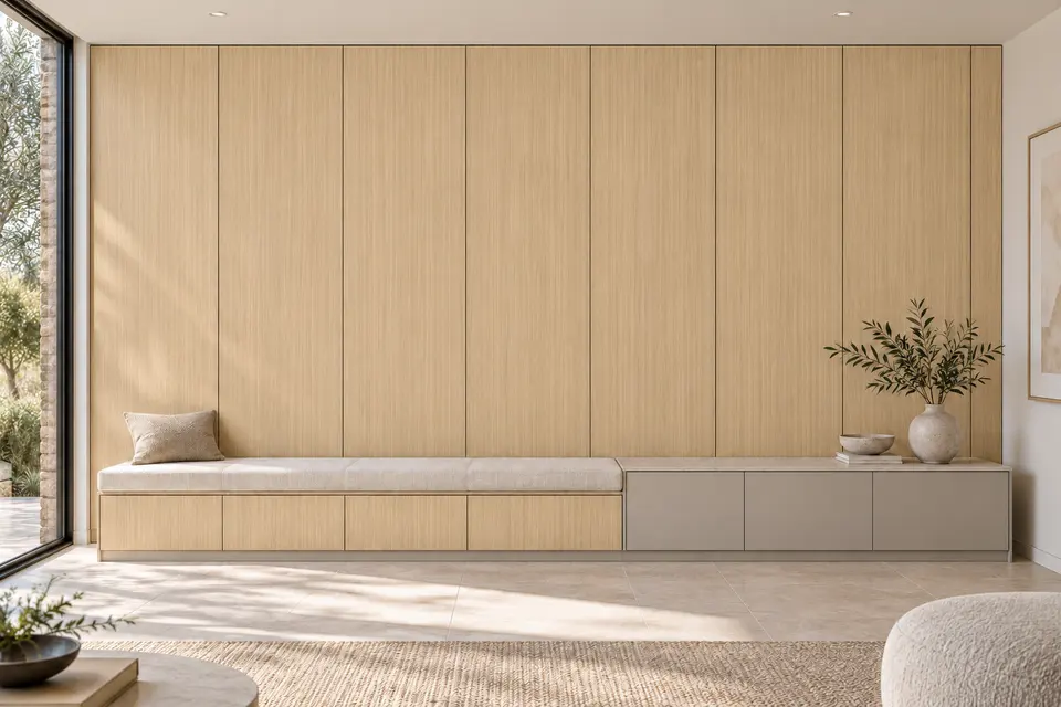 European living room concept render, Bench wall: slab fronts in light linear oak-effect (Vicenza Oak) with warm pebble grey (Pebble Grey) doors