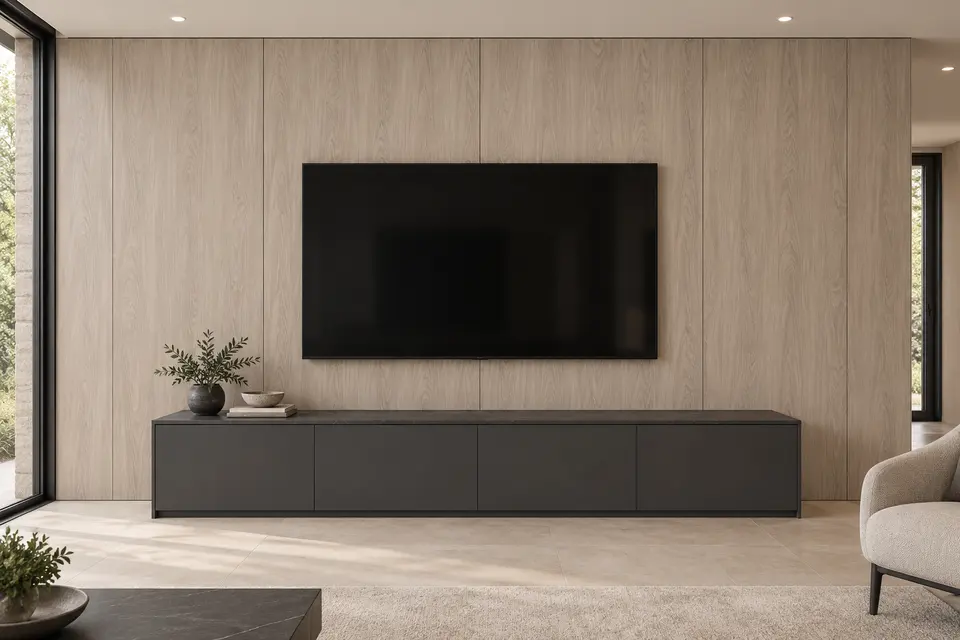 European living room concept render, Screen and storage: slab fronts in pale greige wood-effect (Yosemite) with graphite grey (Graphite Grey) doors