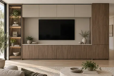 European living room concept render, Living-room library: slab fronts in muted brown walnut-effect (Natural Carini Walnut) with light taupe grey (Taupe Grey) doors