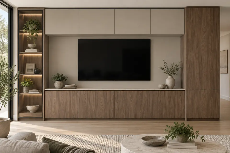 European living room concept render, Living-room library: slab fronts in muted brown walnut-effect (Natural Carini Walnut) with light taupe grey (Taupe Grey) doors