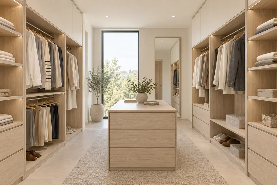 European closet concept render, Dressing island: slab fronts in pale sand cathedral-grain oak-effect (Sand Casella Oak) with warm ivory (Soft Beige) doors