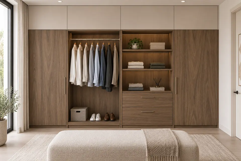 European closet concept render, Four-bay wardrobe: slab fronts in muted brown walnut-effect (Natural Carini Walnut) with pale cashmere grey (Cashmere Grey) doors
