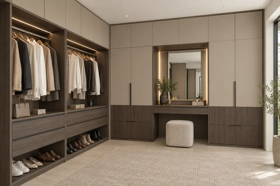 European closet concept render, Dressing room with vanity: slab fronts in dark taupe-brown straight grain (Esperia) with light taupe grey (Taupe Grey) doors