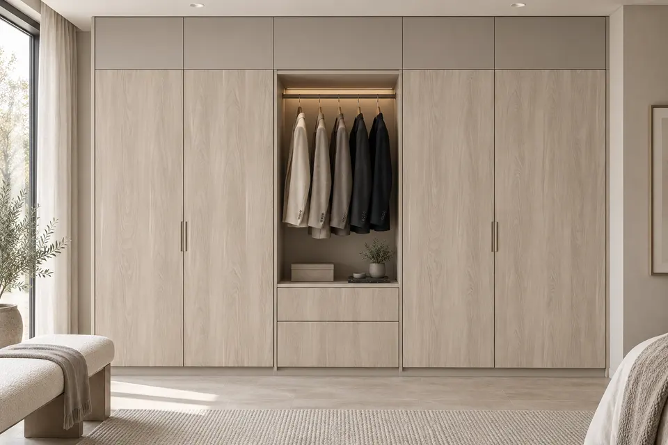 European closet concept render, Wardrobe wall: slab fronts in pale greige wood-effect (Yosemite) with warm pebble grey (Pebble Grey) doors