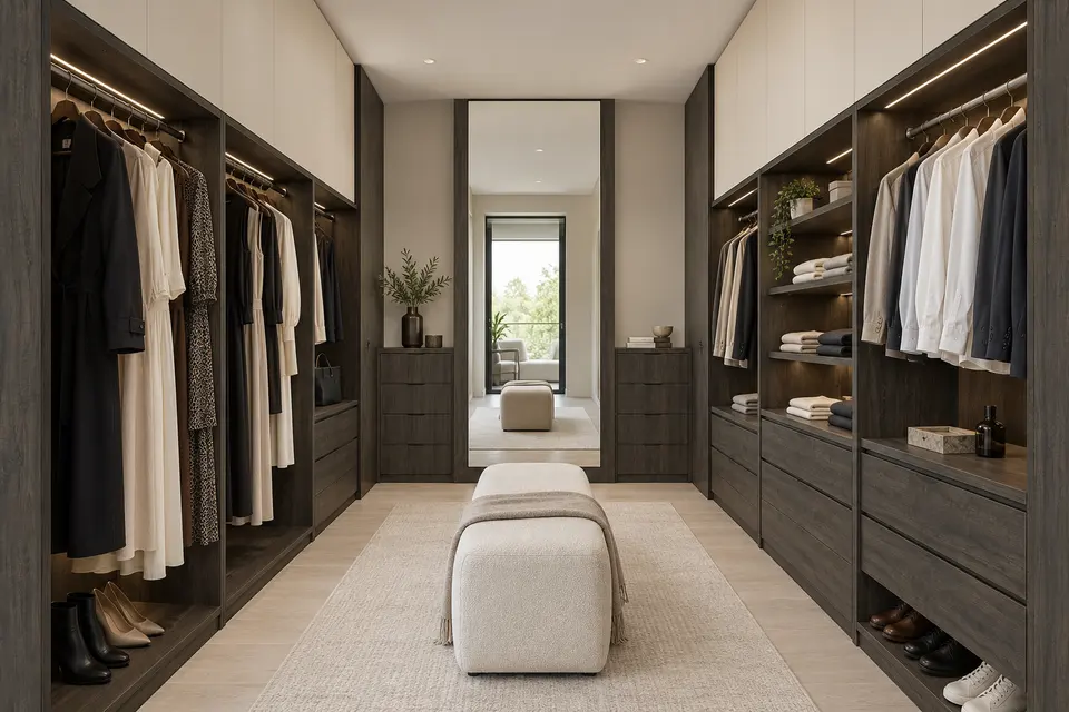 European closet concept render, Dressing gallery: slab fronts in charcoal-brown textured wood-effect (Sherwood) with warm ivory (Soft Beige) doors