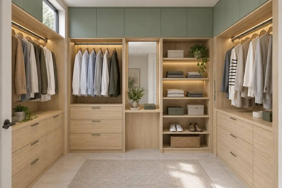 European closet concept render, Compact walk-in: slab fronts in light linear oak-effect (Vicenza Oak) with muted reed green (Reed Green) doors