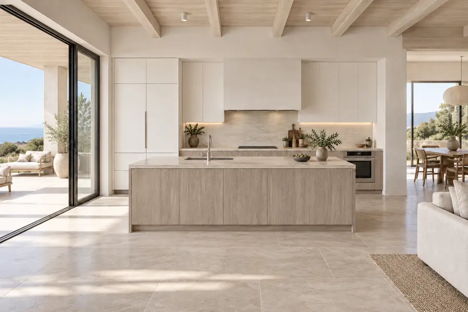 European kitchen concept render, Coastal great room: slab fronts in pale greige wood-effect (Yosemite) with clean matte white (Alpine White) doors
