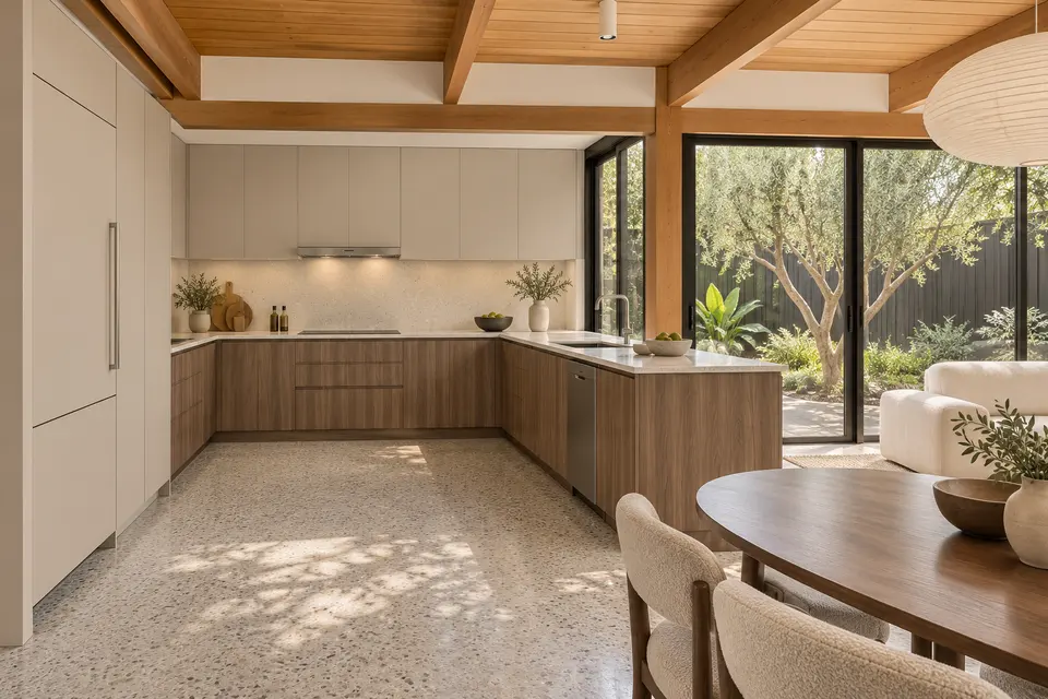 European kitchen concept render, Ranch house courtyard: slab fronts in muted brown walnut-effect (Natural Carini Walnut) with pale cashmere grey (Cashmere Grey) doors