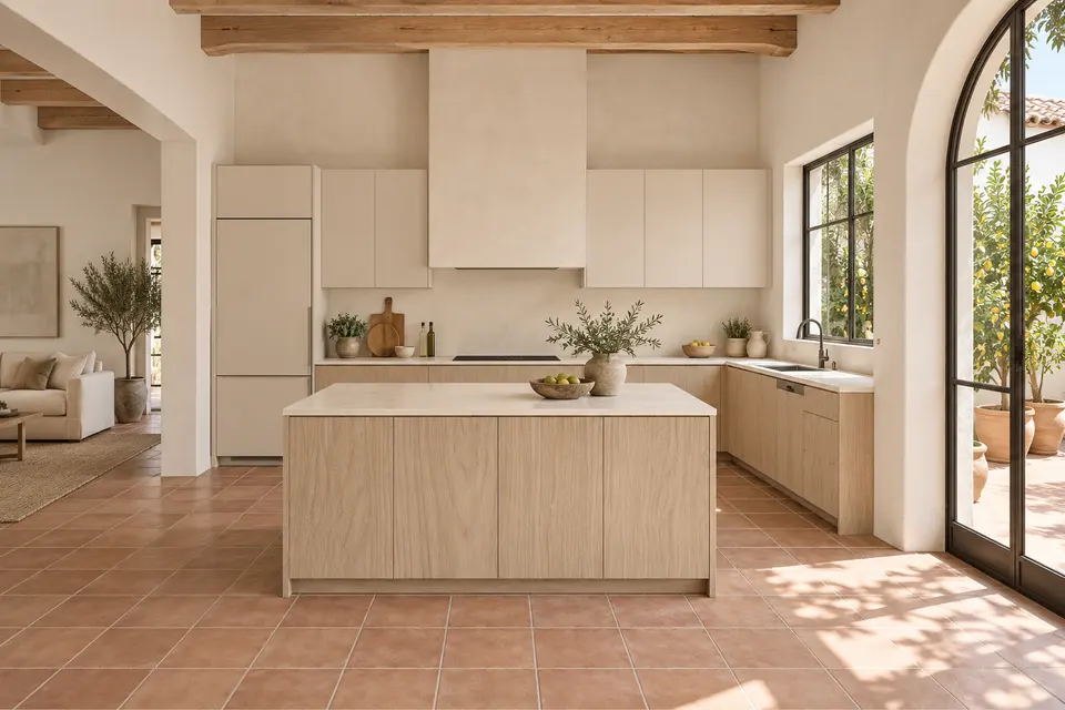 European kitchen concept render, Courtyard adobe: slab fronts in pale sand cathedral-grain oak-effect (Sand Casella Oak) with warm ivory (Soft Beige) doors