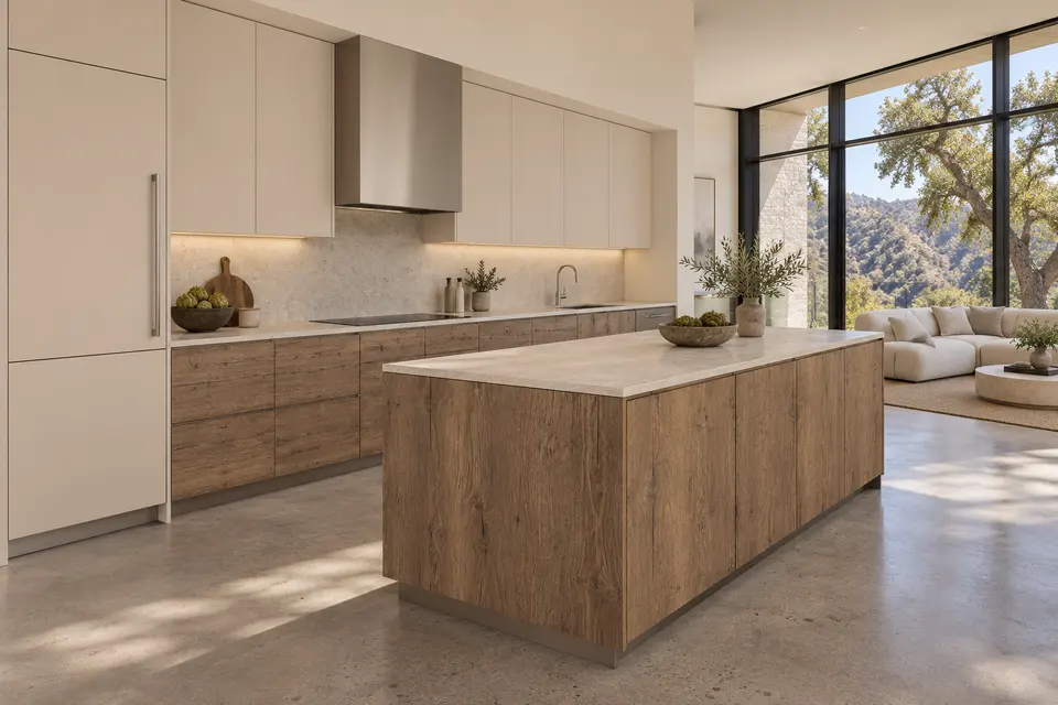 European kitchen concept render, Canyon view: slab fronts in warm brown fissured oak-effect (Tobacco Halifax Oak) with warm ivory (Soft Beige) doors