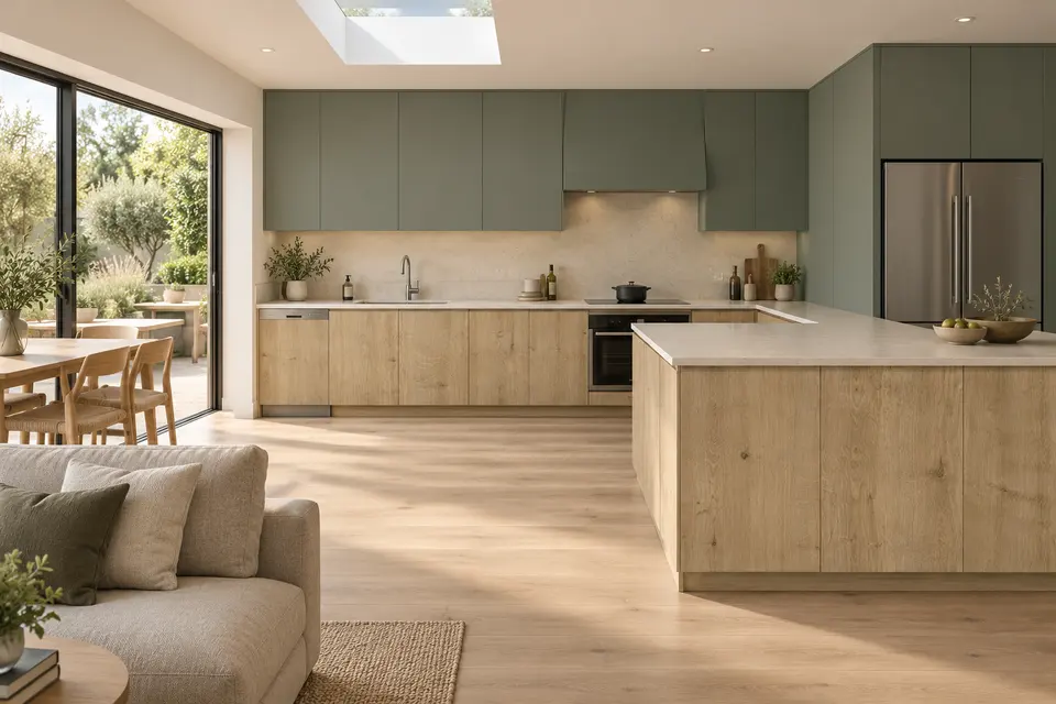 European kitchen concept render, Garden family kitchen: slab fronts in golden oak-effect with knot character (Natural Hamilton Oak) with muted reed green (Reed Green) doors