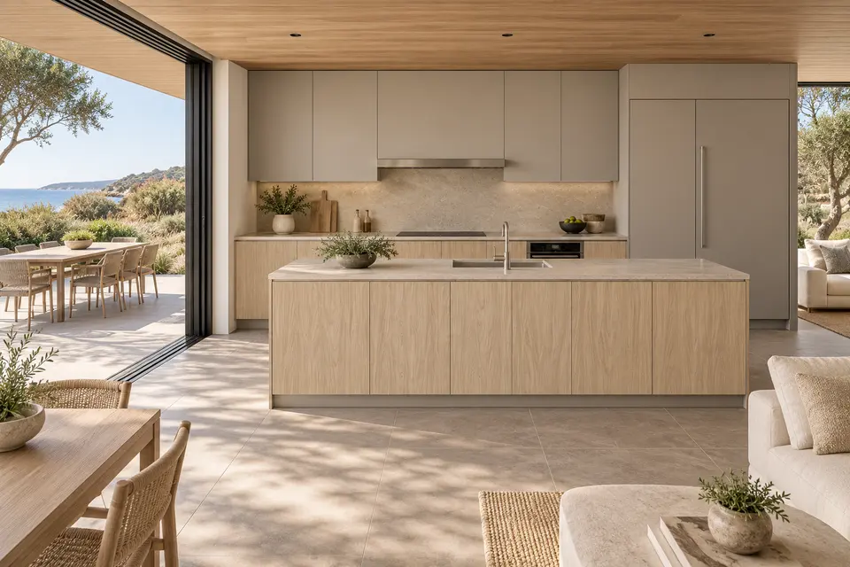 European kitchen concept render, Pacific pavilion: slab fronts in pale sand cathedral-grain oak-effect (Sand Casella Oak) with warm pebble grey (Pebble Grey) doors