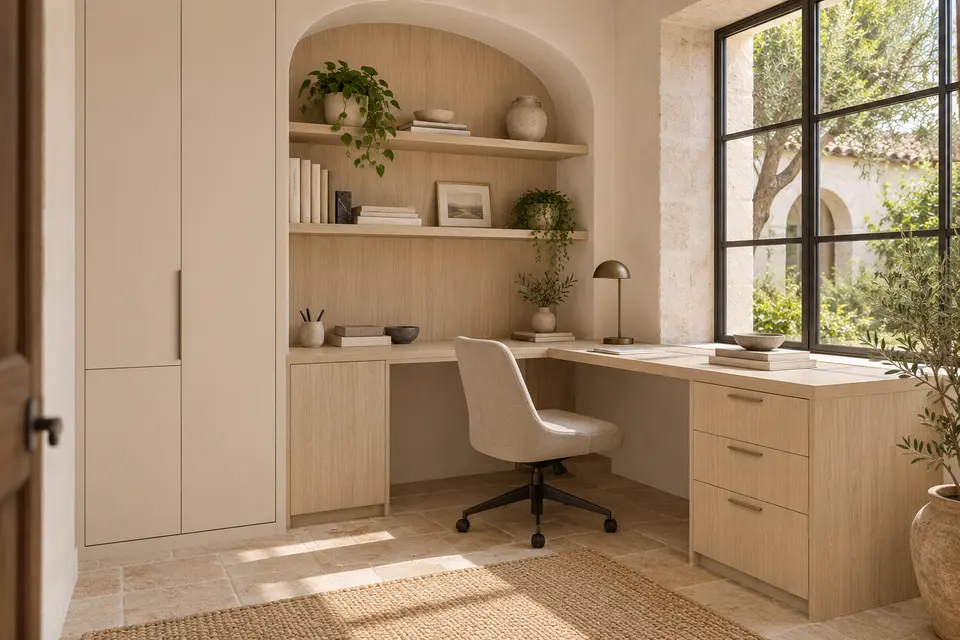 European home office concept render, Courtyard corner study: slab fronts in pale sand cathedral-grain oak-effect (Sand Casella Oak) with warm ivory (Soft Beige) doors