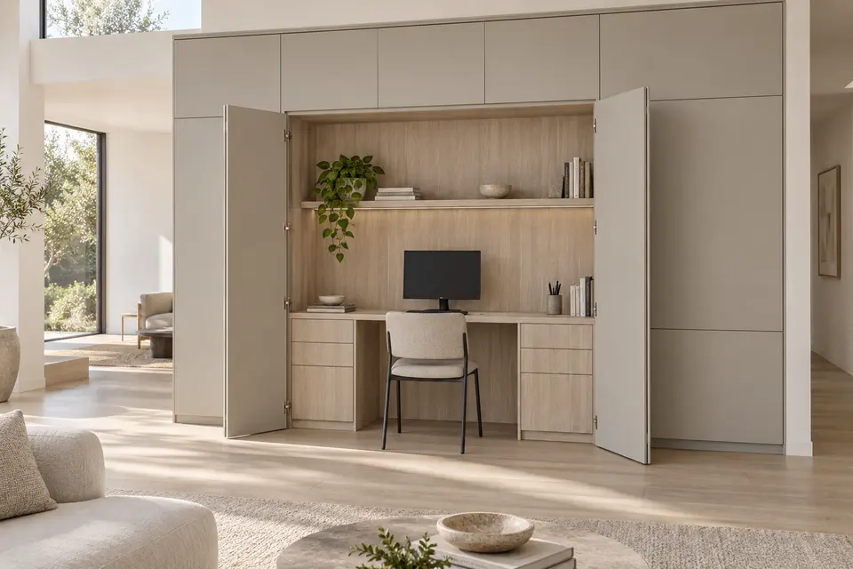 European home office concept render, Pocket workspace: slab fronts in pale greige wood-effect (Yosemite) with warm pebble grey (Pebble Grey) doors