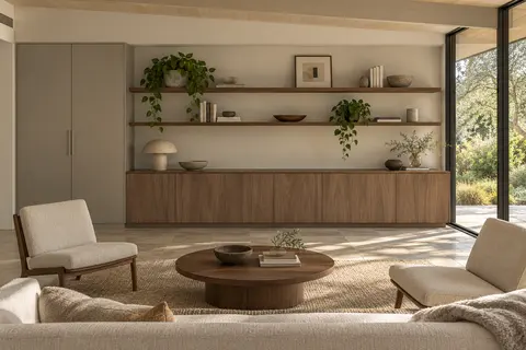 European living room concept render, Ranch room library: slab fronts in muted brown walnut-effect (Natural Carini Walnut) with light taupe grey (Taupe Grey) doors