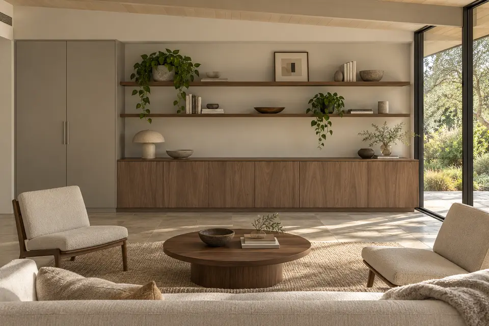 European living room concept render, Ranch room library: slab fronts in muted brown walnut-effect (Natural Carini Walnut) with light taupe grey (Taupe Grey) doors