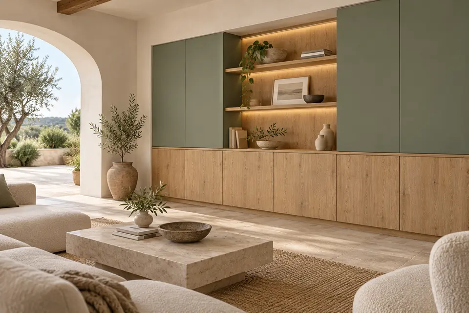 European living room concept render, Courtyard living cabinet: slab fronts in golden oak-effect with knot character (Natural Hamilton Oak) with muted reed green (Reed Green) doors